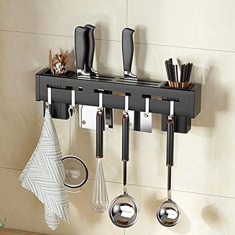 Mabor Utensil Rack Hanger, Adhesive Kitchen Wall Hooks Rack Wall Mounted Stainless Steel Utensil Hanging Rack Removable S Hooks Kitchen Rail Organizer for Pot Lid Pan Spoon BBQ Tools Cover