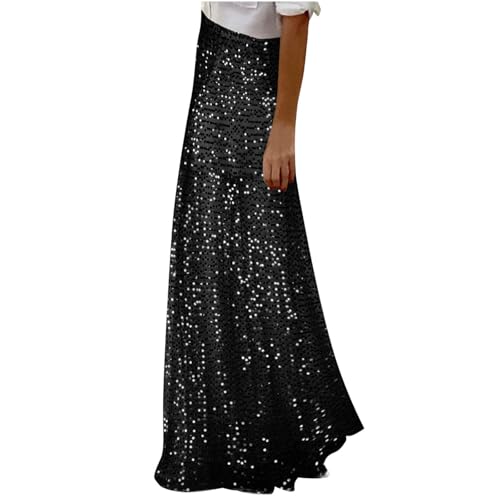 Sequins Skirt for Women Sparkly High Waist Maxi Skirts Shiny Glitter A-Line Flowy Long Skirt for Night Out Party