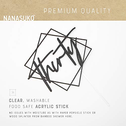 Nanasuko 30Th Birthday Cake Topper - Thirty - With Modern Geometric Frame - Double Sided Black Glitter - Premium Quality Made In Usa #TOP5