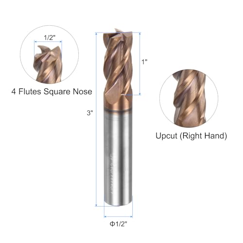 Image of uxcell Carbide Square End Mill, 1 /2 inch Diameter TiAlN Coated 4 Flutes Milling Bit Cutter, for Hardened Steel Stainless Steel Alloy Metal, 1 /2 inch Shank 1 inch Cut Length 3 inch Long HRC50