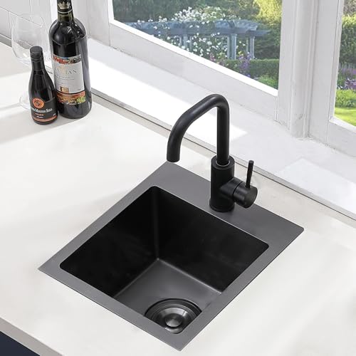 Image of SHACO 15x15 Drop In Black Bar Sink, 15 Inch Stainless Steel Top Mount Gunmetal Black 16 Gauge Single Bowl Small Kitchen Outdoor RV Sink with Strainer Drain