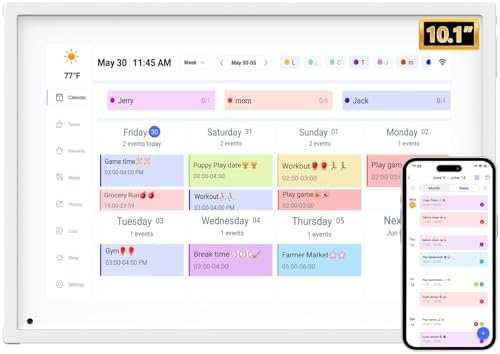 10.1 inch Smart Digital Calendar with Chore Charts, Family Schedules & Meal Planner, Featuring HD Touchscreen, Auto-Rotate Display, Built-in Digital Picture Frame and Free App Photo/Video Sharing