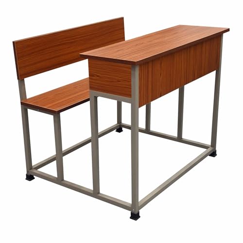 Image of ALKOSIGN Double Student Bench with Side Closed Shelf - Prelam Partical Board Natural Teak Top with Beige Powder Coating (90 CM) | for Classes 3rd to 7th | for School, Tuitions etc