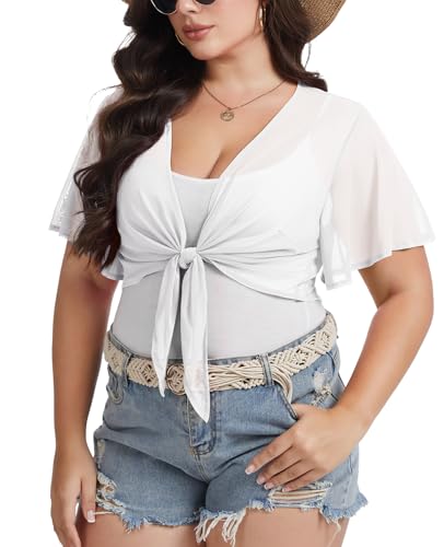 Image of Women Crop Cardigan Sheer Mesh Bolero Shrugs for Dresses Plus Size Tie Front Cardigans Ruffled Short Sleeve Tops