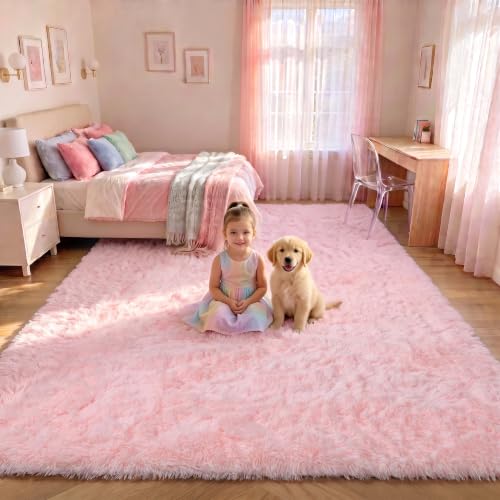 ONASAR Pink Area Rugs for Living Room Girls Bedroom, 5x8 Fluffy Bedside Throw Rug, Soft Cute Plush Shaggy Indoor Floor Carpet for Nursery Kids Boys Teen Dorm Office Home Decor Aesthetic
