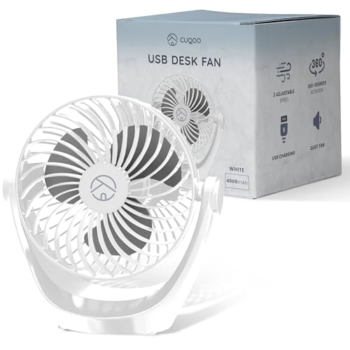 CUQOO Potente ventilador de escritorio USB – Mini ventilador giratorio de 360° con 3 ajustes de velocidad, potente, silencioso, ligero y compacto para escritorio, hogar, oficina y viajes, color blanco