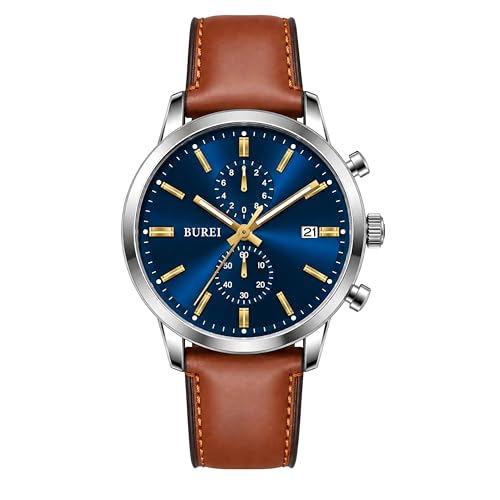 BUREI Herrenuhr Chronograph 44mm – Retro Armbanduhr Herren mit großem Zifferblatt & Lederarmband | Business, Casual, Sport | wasserdicht | Geschenk für Männer
