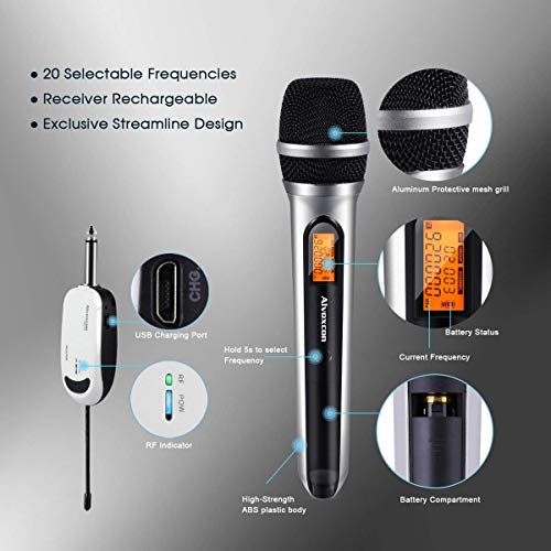Wireless Microphone System, Alvoxcon Dual UHF Dynamic Handheld mic for PA,Karaoke, Conference, DJ, Vocal Recording, Singing, Church, On Stage Performance, Party Events (1/4 inch Plug)
