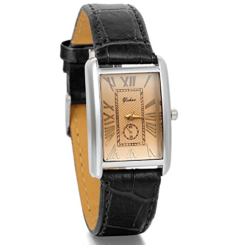 JewelryWe Montre Quartz Rétro Rectangulaire Romain Chiffre Cadran Bracelet Cuir Alliage Homme Femme Couple Amour Noir