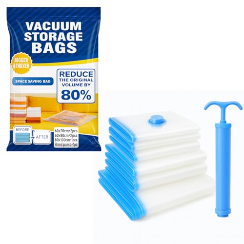 Image of Signamio 5 Pack Smart Saver Vacuum Bags for Clothes with Pump (1 Large /2 Medium /2 Small) Reusable Travel Storage Bags with Hand Pump for Clothes,Vaccine Sealed Space Saver Compression Bags for Travel