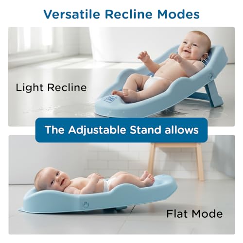 Image of Mee Mee Mini Spa Baby Bath Chair with Spine Support Shield & Adjustable Recline | Anti-Skid Base, Quick-Drain Mesh, BPA-Free Ergonomic Bath Seat for Newborns & Infants, Portable Design (Blue)