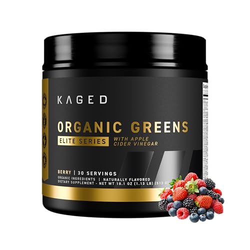 Image of Kaged Organic Greens Elite, Superfood and Greens Powder with Apple Cider Vinegar, Adaptogen, Prebiotics, Vitamins & Minerals, Berry, 30 Servings