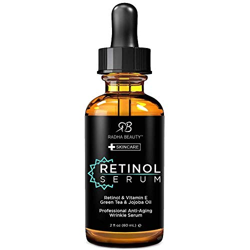 Radha Beauty Premium 2oz Retinol Serum with Hyaluronic Acid, Vitamin E, Jojoba, & Green Tea - Anti-Aging Skin Care Solution for Smoother, Firmer Skin - Brightening, Hydrating Formula - Reduce Wrinkles