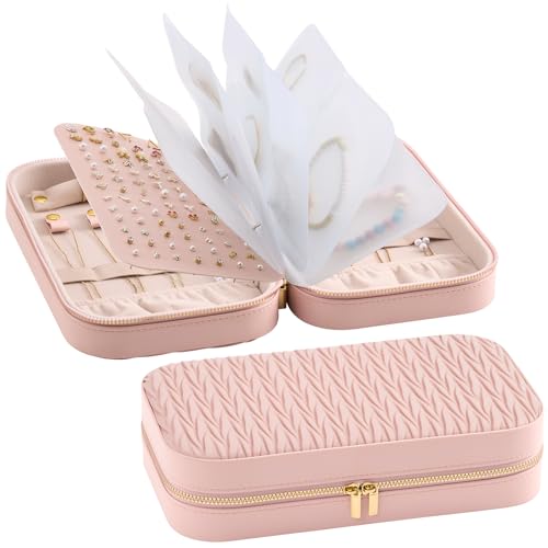 Lolalet Large Jewelry Organizer, Jewelry Storage Case with Pocket, Earrings Necklaces Bracelets Ring Zippered Storage Pouch for Women -Pink