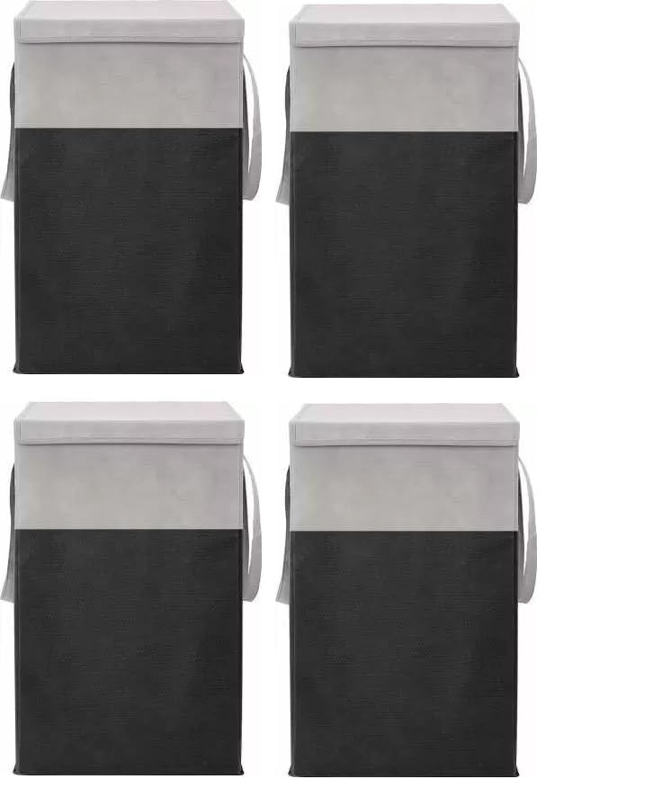 Image of Non Woven Foldable Laundry Bag With Lid And Handle | Rectangular Clothes Storage Organiser For Bedroom Dorm Closet | 75L Laundry Basket Combo Pack Of 4 | Black Grey