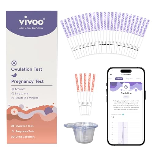 Image of Vivoo Ovulation Test Strips and Pregnancy Test Kit - 25 LH Ovulation Tests + 5 HCG Pregnancy Tests + 30 Cups | 99.1% Accurate | 5-Min Results | Free App Cycle Tracker
