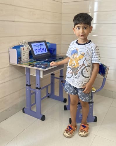 Image of Toby Multifunctional Baby Desk /Kids Study Table and Chair Cartoon Printed Height Adjustable Bench Metal Chair