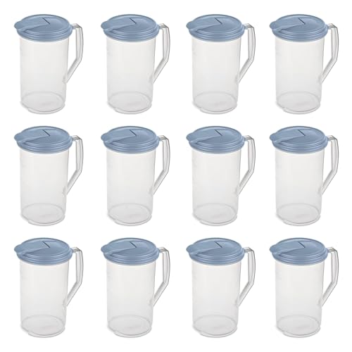 Sterilite 2 Quart Clear Round Plastic Pitcher, Dishwasher Proof with Blue Lid, Spout, and Handle for Easy Pouring, Washed Blue, 12-Pack -  12 x 04860006