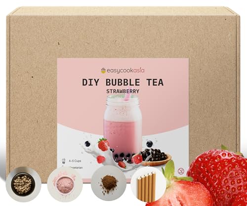 DIY Premium Bubble Tea Kit | Komplettes Set für 4-5 Tassen | Vegetarisch, Perfekt für jede Tageszeit | Einfache Zubereitung mit Bildanleitung (Strawberry)