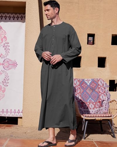 YAOHUOLE Hommes Musulman Thobe with Pocket Long Sleeve Arabes Caftan Gris Foncé XL – vue 2
