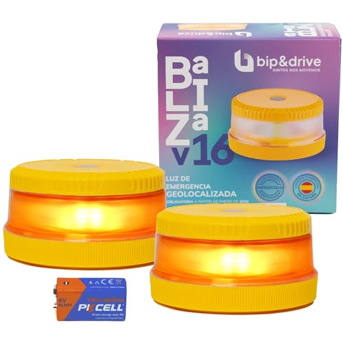 Baliza V16 Homologada DGT con Geolocalización | Luz de Emergencia Coche LED 360° 1km | Conectada DGT 3.0 | Resistente a la Lluvia | Indicador de Batería y Base Imantada | Bip&Drive (Pack x2)
