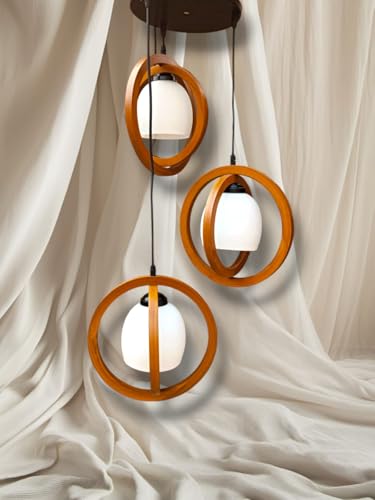 Image of Modern Tripple Designer Fashion Double Wooden Ring with White Lampshade Cluster Pendant Hanging Light, Circular Ceiling jhoomar Bulb Type E27 Holder (Bulb not Include)