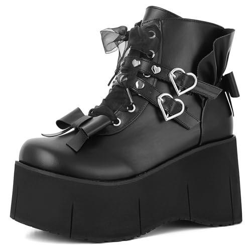 CYNLLIO Women's Platform Boots Goth Wedges Boots High Heel Punk Boots Black Boots Harajuku Fashion Kawaii Bow Ankle Boots Cool Combat Boots by CYNLLIO - Used condition - US$48.12