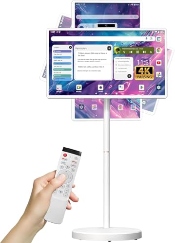 Smart tv 32-Inch Portable Monitor with Touch Screen, 1080P Smart Screen, Rolling TV Stand on Wheels, 8G RAM+128G Storage, 60Hz Refresh Rate, White