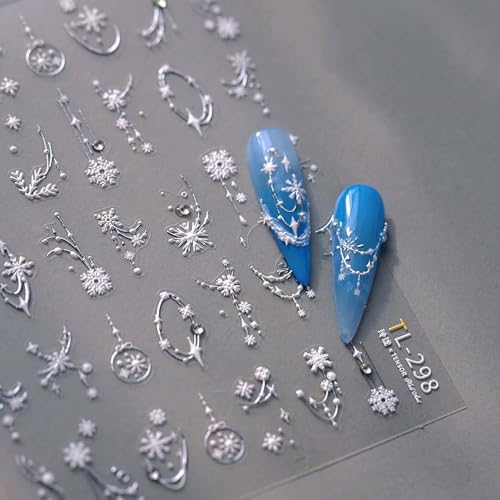 White Snowflake Flower Nail Stickers Rhinestone French Elegant Flower Embossed Nail Decals Christmas Relief Branch Star Crystal Ball Design Nail Art Stickers for Manicure Decor