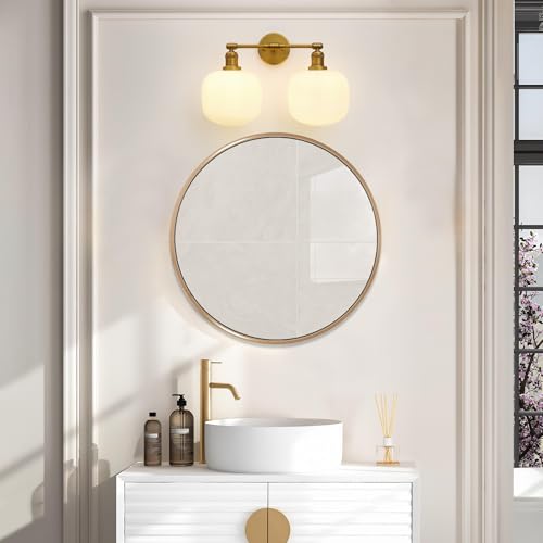 Image of Pathson 2 Lights Milk White Globe Wall Sconce, Hardwired Antique Double Sconce for Living Room Home Decor, Striped Glass Bathroom Vanity Light, E26 Bulb Base