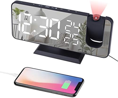 EVILTO Digital Alarm Clock Projector Radio Clock LED TemperatureDisplay Radio Projection Clock USB Charging Port 180° Rotable Projection Time-Black