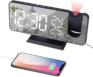 EVILTO Digital Alarm Clock Projector Radio Clock LED TemperatureDisplay Radio Projection Clock USB Charging Port 180° Rotable Projection Time-Black