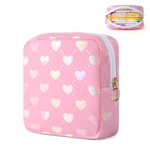 Image of Likesing Period Bag Pouch, Leather Sanitary Napkin Storage Bag for Girls Womens, Portable Sanitary Napkin Period Pad Pouch Bag for Purse, Small Make Up Bags(Pink LOVE)
