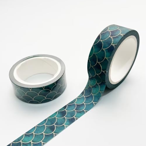 Junfamilee 2 Pcs Rolls Washi TapeDIY Crafts Gift Wrapping Decorative Masking Adhesive Tape Mermaid Fish Scale Tape for Bullet Journals PlannersArts and Crafts Tape Adhesives（Green ）
