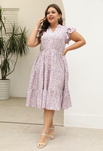 Image of Keluummi Plus Size Midi Dress for Curvy Women Wedding Guest Summer Floral Empire Waist Short Sleeve with Pockets
