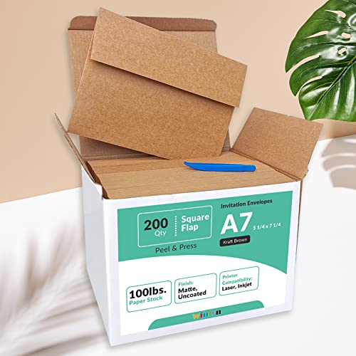 Winlyn Brown Kraft 200 Pcs A7 Invitation Envelopes 5 1/4 X 7 1/4 Square Flap Envelopes Self Seal 100Lb For Wedding Shower Birthday Bussiness Graduation Mailing Announcement 5 X 7 Greeting Cards Photos #TOP1