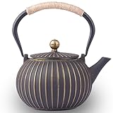 Japanese Tetsubin Cast Iron Teapot 40oz（1200ML) - Enamel Coated Interior & Removable Stainless Steel Infuser, Stovetop Safe Kettle for Tea Ceremony (Black Gold)
