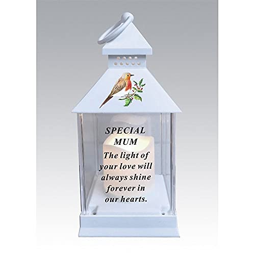 Mum Memorial Light Up Christmas Lantern - Robin Holly Floral Candle Graveside Memory Remembrance