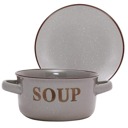 Soup Bowl & Bread Plate Crockery Set Dishwasher Safe Stoneware Dinner Set Rustic Style Plates & Soup Bowls with Handles and Embossed Text Design with Speckled Finish (Grey)