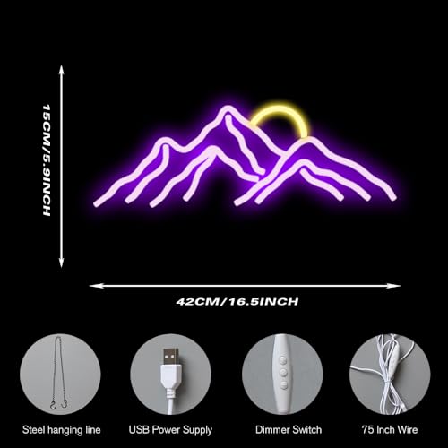 Image of Mountain Sunset Neon Signs for Room Decor LED Neon Light Sign for Bedroom Wall Mountain Decor for Home Party Wedding Christmas Decorations USB Powered(Purple)