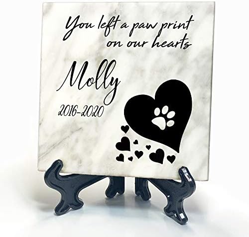 TULLUN Personalised Memorial White Marble Stone Plaque + Stand For Pet Cat Dog Frame Paw Grave Marker - Size |4" x 4" or 10 x 10 cm|- Photo