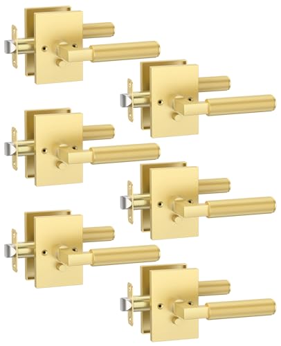 Asidrama 6 Pack Brushed Gold Privacy Door Handles, Door Lever with Door Knobs Indoor for Bedroom or Bathroom, Heavy Duty Door Handles Interior with Locks for Left Right Sided Doors