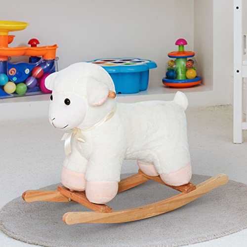 Qaba Lamb Rocking Horse Sheep, Nursery Stuffed Animal Ride On Rocker For Kids, Wooden Plush, White #TOP2