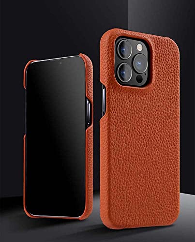 Étui cuir iPhone 13 Pro Max chic coque texture litchi orange haute qualité - 4