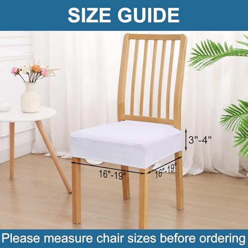Image of Smiry Waterproof Seat Covers for Dining Room Chairs, No Rear Covers | Stretch Jacquard Removable Washable Chair Seat Slipcovers Protector, Set of 6, White