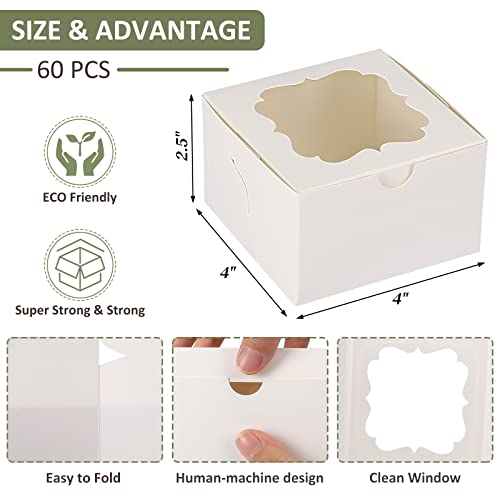 TOMNK 60pcs 4 Inches White Bakery Boxes Small Cookie Boxes Kraft Baking Boxes with Window for Strawberries Chocolate Dessert Pastry Treat Candy Donuts Mini Cake and Party Favor 4x4x2.5 Inches - Thumbnail 2