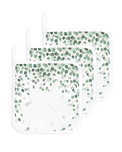Eucalyptus Leaves Kitchen Pot Holder Set Of 3,Spring Green Botanical Plant Potholder Heat Proof Non-Slip Pot Holders,Eucalyptus Plants Leaf Hot Pads Potholders For Cooking Baking Bbq #TOP12