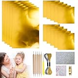 Art Craft Embossing Metal Foil Sheets, Gold Embossing Foil Sheets, Metal EmbossingFoilSheets Kit, Silver Crafting Tin Sheet, with 2 Rolls Wire, Engraving Tools, for Crafting Decoration (Gold)
