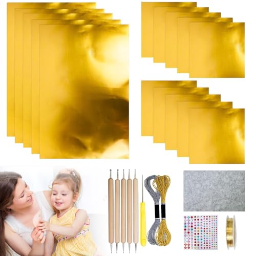 Art Craft Embossing Metal Foil Sheets, Gold Embossing Foil Sheets, Metal EmbossingFoilSheets Kit, Silver Crafting Tin Sheet, with 2 Rolls Wire, Engraving Tools, for Crafting Decoration (Gold)