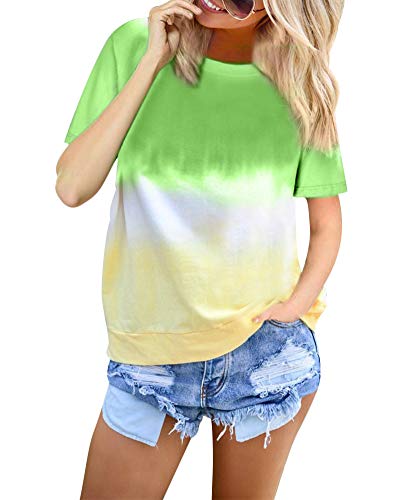 Womens Casual Short Sleeve Colorblock Tie Dye Shirts Tops Crewneck Tee Shirt Blouse Green L